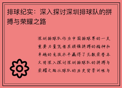 排球纪实：深入探讨深圳排球队的拼搏与荣耀之路